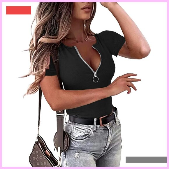 Ribbed Knit Henley Top Slim Fit V Neck Zip Up Summer Blouse - Picture 4 of 4